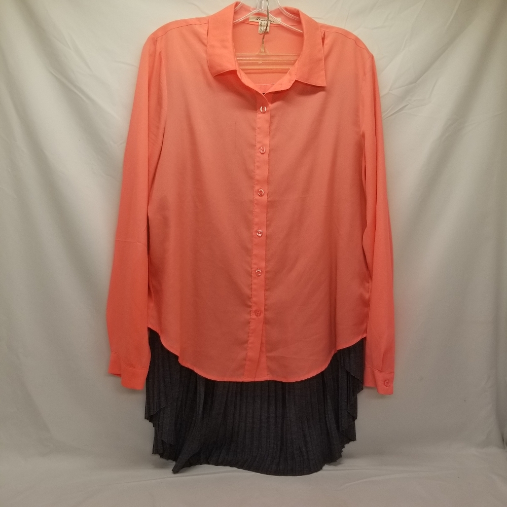 Forever 21 Womans Size L Blouse Coral Cut Outs Long Sleeve Button Up Gray Skirt